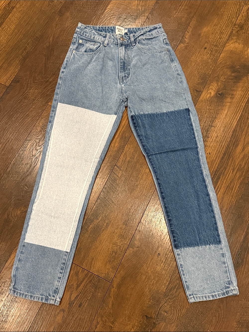 Princess Polly Two-Tone Slim Straight Jeans in Light and Dark Blue